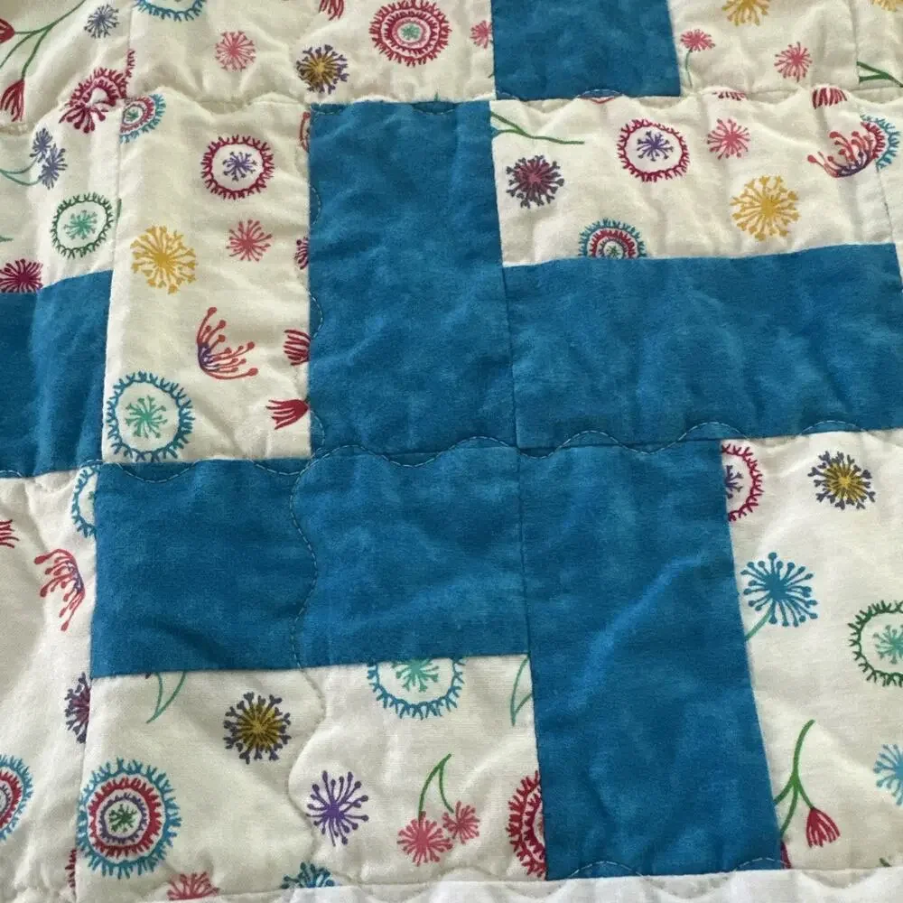 Handmade Lap Quilt 29x33 Beautiful Blue Pink Floral Kids, Baby, EUC Gift